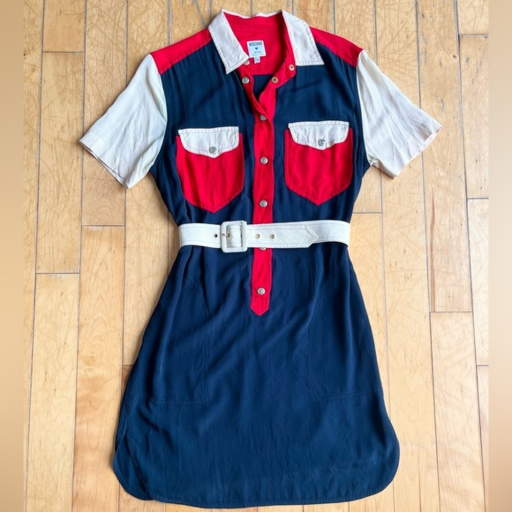 Moschino Jeans Authentic Y2K Part Silk Belted Color-blocked shirt-dress Size 10